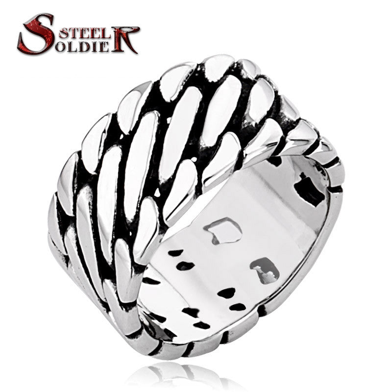 Steel soldier personality Wide Chain Knitting Ring Exagerrated Stainless Steel men biker Special Jewelry