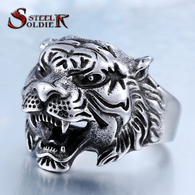 Steel soldier punk personality tiger ring for men stainless steel good detail animal jewelry for men