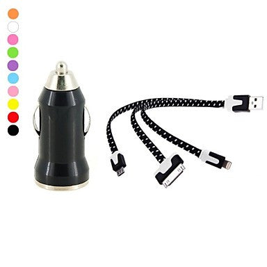 Colorful USB Car Charger with 3-in-1 Portable Travel Cable for iPhone and Others (5V,1A,20cm,Assorted Colors)