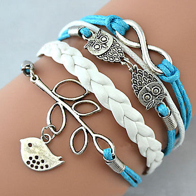 Multilayer Alloy Owl Leaves and Infinite Charms Handmade Leather Bracelets