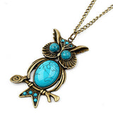 Gun Color Plated Vintage Owl Blue Gem Necklace