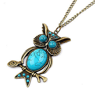 Cute Vintage Owl Blue Gem Necklace