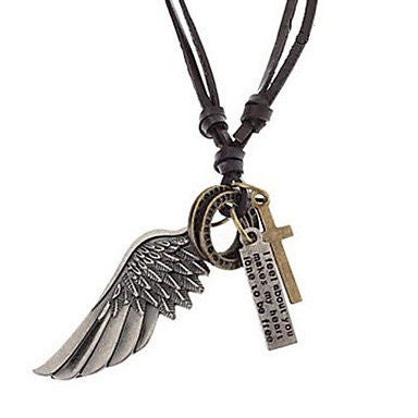 Unisex Wing Cross Leather Pendant Necklace with Adjustable cord