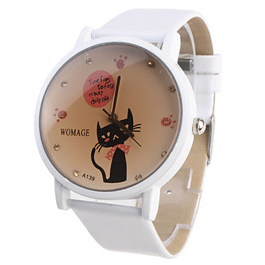 Girl's Cartoon Cat Pattern White PU Band Quartz Analog Wrist Watch