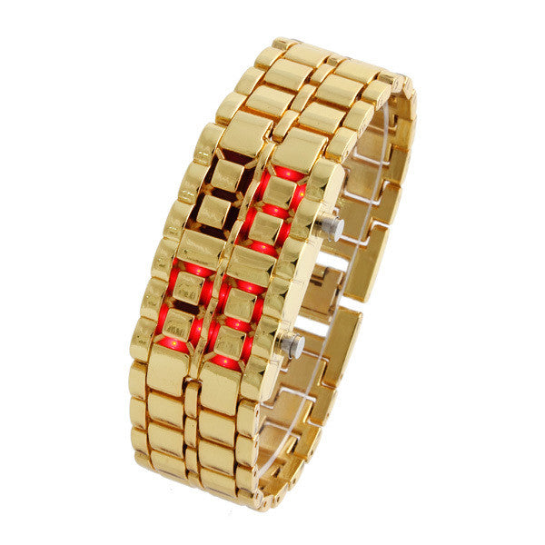 Unisex Digital Casual Watches Men and Women's Watch Blue & Red LED Digital Lava Style Gold Steel Band