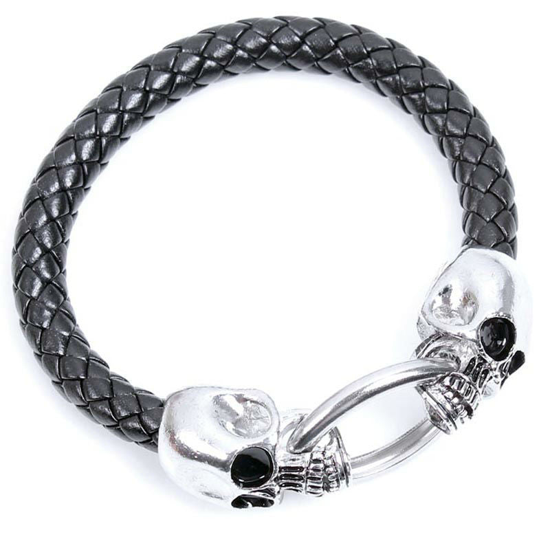 Cool Wholesale Braided Leather Punk Skull Head Bracelet Bangle Wristband For Men Gift