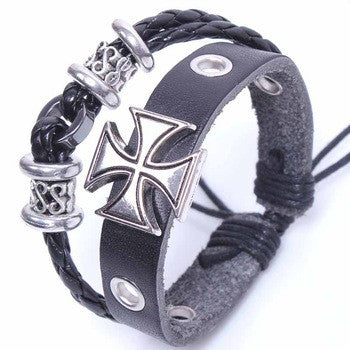 Genuine Leather Cross Charm Bracelet Bangle Adjustable Wristband Men Gift