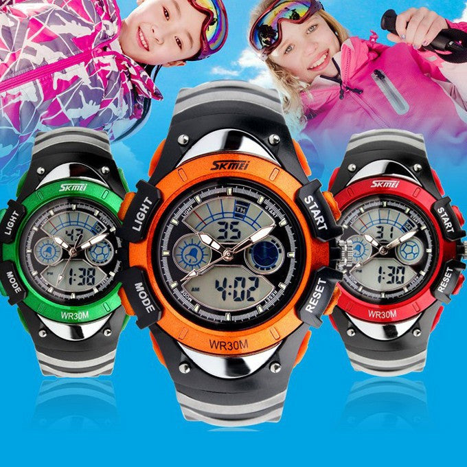 Fashion Children Watches Dual Time LED Digital Quartz Multifunctional 30m Waterproof Swim Student Sports Watch