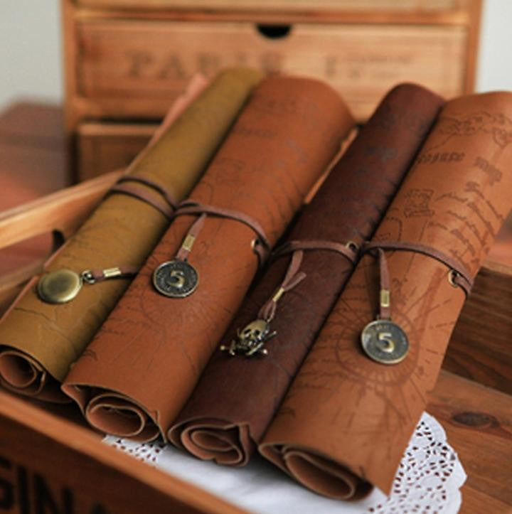 Retro Vintage Pirate Roll Up PU Leather Pen Pencil Case Bags Treasure Map Kid Party Gift Favor Make up Cosmetic Bag