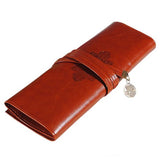 Vintage Retro Luxury Roll Leather Make Up Cosmetic Pen Pencil Case Pouch Purse Bag for School