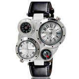 Top Brand Oulm Multi-Function Watch for Men with White or Black or Brown Round Dual Movt Black Case Genuine Leather