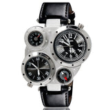 Top Brand Oulm Multi-Function Watch for Men with White or Black or Brown Round Dual Movt Black Case Genuine Leather