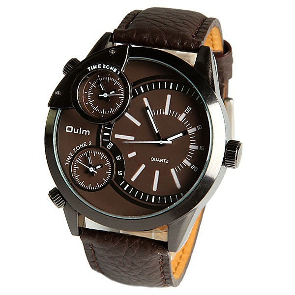 Oulm brand Male Man Quartz Wrist Watch sports Three Movt Time zone Round Dial Genuine Leather Straps
