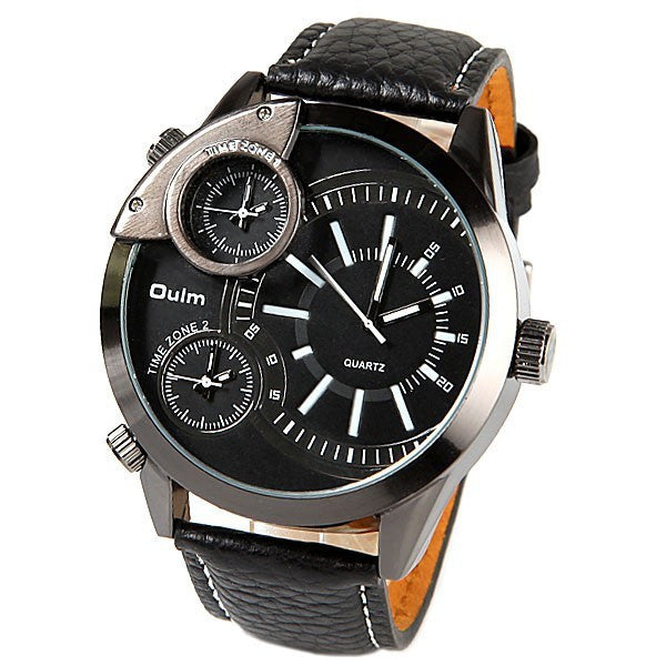 Oulm brand Male Man Quartz Wrist Watch sports Three Movt Time zone Round Dial Genuine Leather Straps
