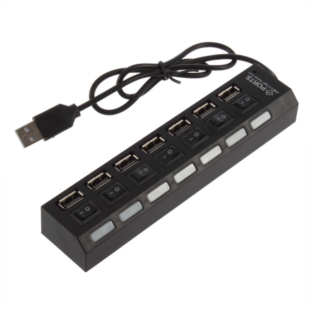 Mini 7 Port USB 2.0 High Speed HUB Black For Laptop PC