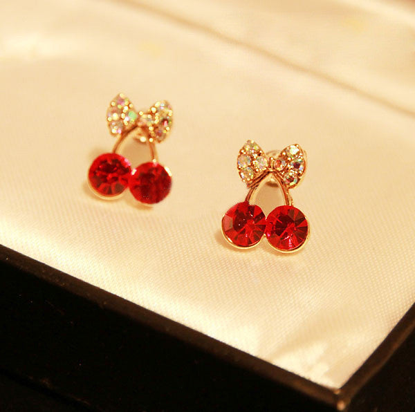 Korean Exquisite Sweet Girls Fashion Brincos 18KG Plated Cystal Cherry Bowknot 18KGP Accessories Stud Earrings