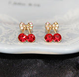Korean Exquisite Sweet Girls Fashion Brincos 18KG Plated Cystal Cherry Bowknot 18KGP Accessories Stud Earrings