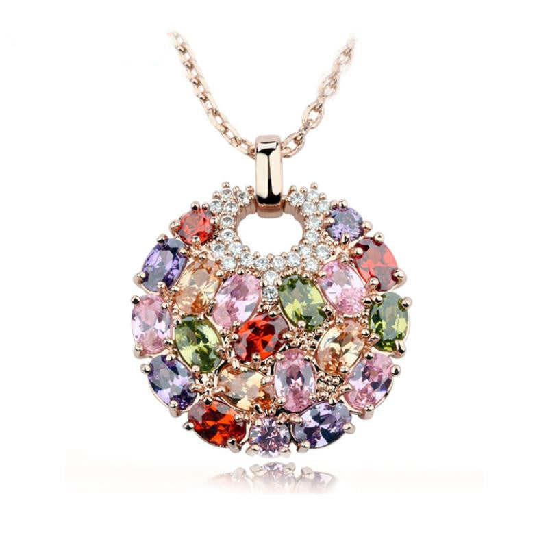 Hot Sell Multicolor Crystal Round Necklaces & Pendants for Women 18k Gold Plated Swiss CZ Zircon Jewelry
