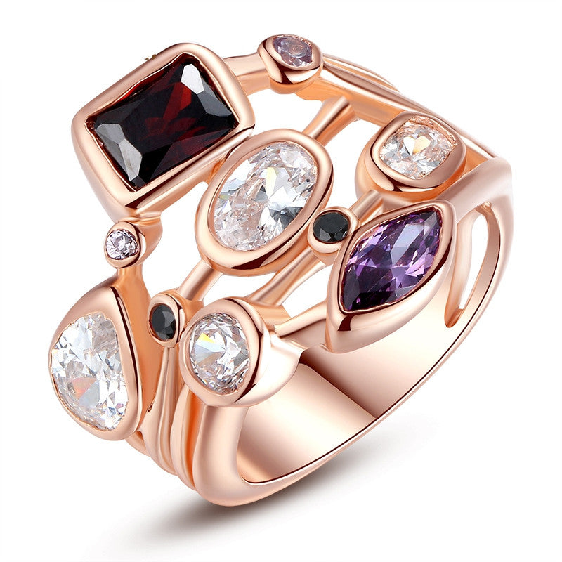 Fashion 18K Rose Gold Plated Finger Ring for Women Ladies with AAA Multicolor Cubic Zircon Anniversary Jewelry Gift