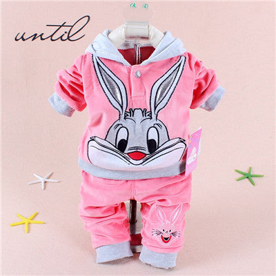 Spring baby set cartoon rabbit velvet set twinset long sleeve set hoodie and pant children clothing