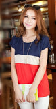 O-neck plus size color block shirt decoration loose chiffon blouse short-sleeve women fashion summer tops for women