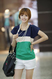 O-neck plus size color block shirt decoration loose chiffon blouse short-sleeve women fashion summer tops for women