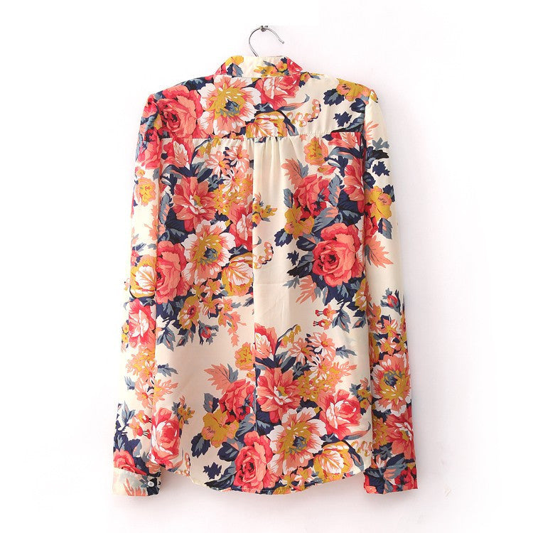 Hot Sale Fashion Vintage Floral Print Pattern Chiffon Blouse Women Long Sleeve Shirt Tops