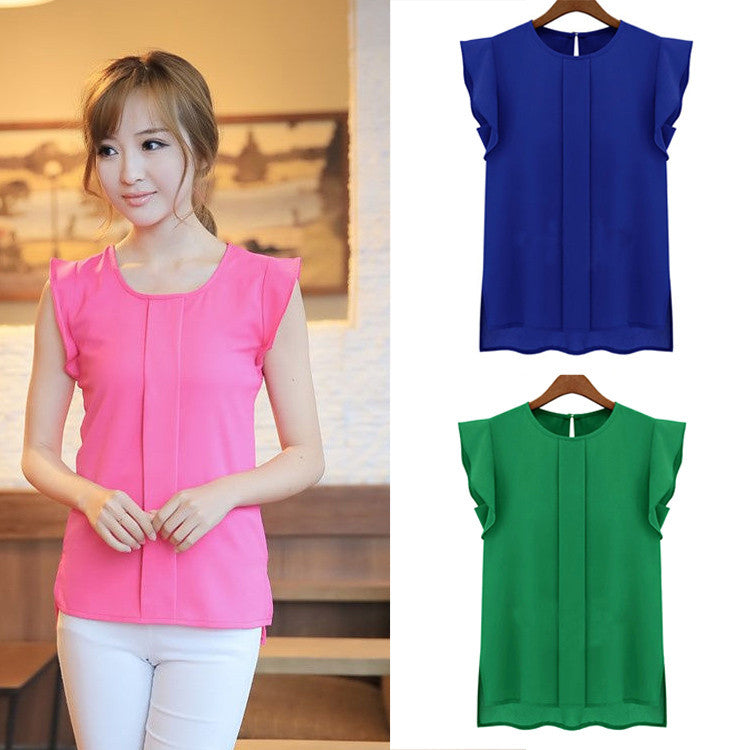 New Women Blouses Sleeveless Fashion Chiffon Blouses Lady Crew Neck Flounced Sleeve After The Open Collar Shirts