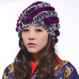 New Style Genuine Knitted Rex Rabbit Fur Hat Natural Rabbit Stripe Fur Caps Fashion Women Beanie Headgear Various Colors