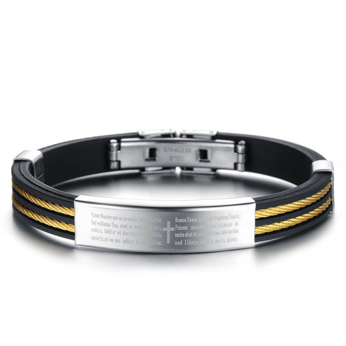 Fashion jewelry Punk Gold Stainless Steel Cross Black Genuine Silicone Men Bracelet male Bangles