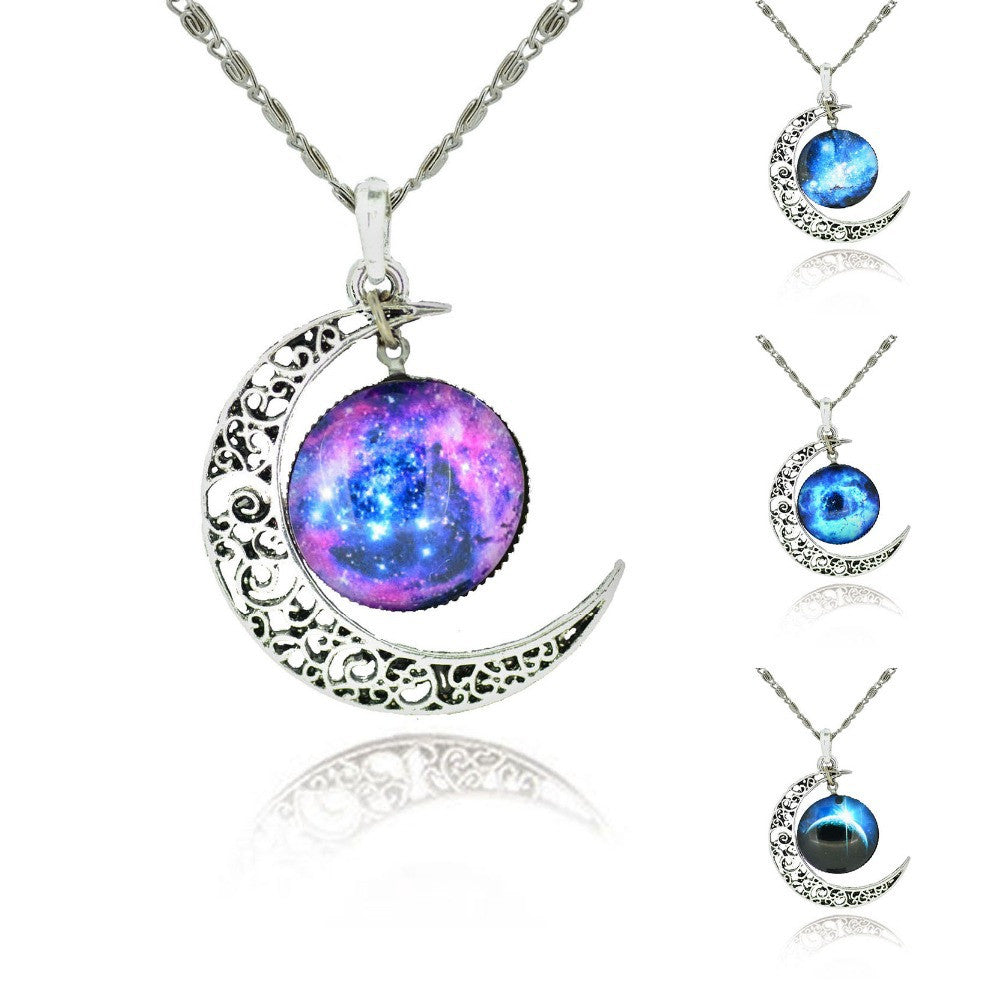 New Fashion Galaxy Necklace Lovely Galaxy Cabochon Alloy Hollow Moon Pendant Silver Chain Necklace Best Gift