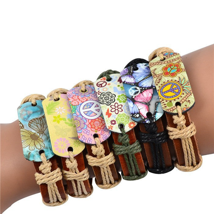 Genuine Leather Bracelet Mixed Peace Butterfly Charms Tribe Bracelets Jewelry Fashion Bracelet-6pcs/set