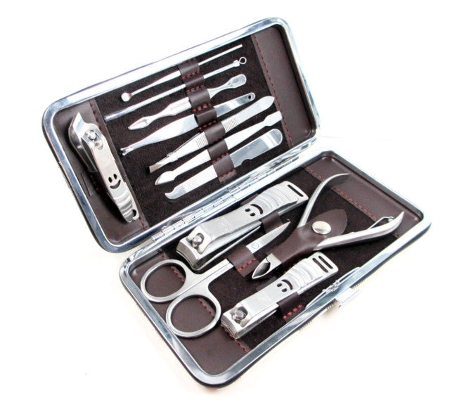 Fashion Case +1 set 12pcs Nail Manicure Set Tools Clipper Kit Nail Care Set Pedicure Scissor Tweezer Knife Ear pick
