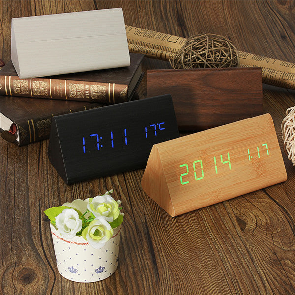 New Wood Wooden Digital LED Alarm Clock Triangular Table Desk Clock Led Display