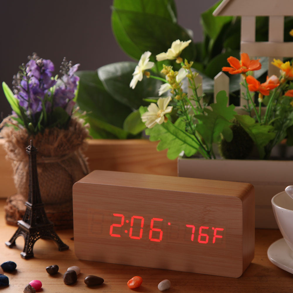 Calendar Relogio De Mesa Rectangle LED Digital Alarm Wood Wooden Clock Temperature Display Voice Sound Control
