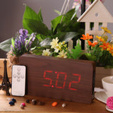 Remote Control Alarm LED Digital Wood Wooden Clock Temperature Display Voice Sound Activated DC6V Perpetual Calendar