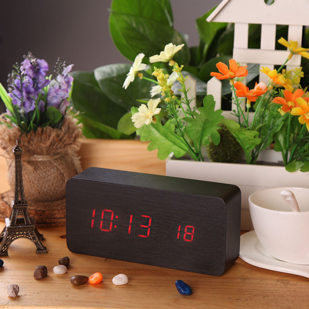 USB DC6V Calendar Despertador Rectangle Digital Alarm LED Wood Wooden Clock Temperature Display Voice Sound Clocks