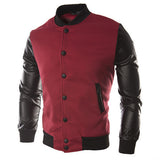 New Men Sweater PU Leather Collar Sweater Personalized Baseball Stitching Clothes Man Jacket Plus Size M-4XL Wine Red Navy