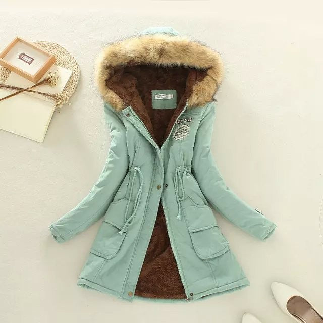 Winter jacket women new women's autumn and winter Slim waist lace long section hooded cotton jacket