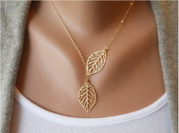 Simple European New Fashion Vintage Punk Gold Hollow Two Leaf Leaves Pendant Necklace Clavicle Chain Charm Jewelry Women