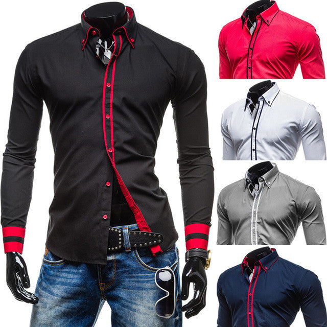 New Mens Long Sleeved Dress Shirts Double Collar Button Unique Design Slim Fit Brand Shirts