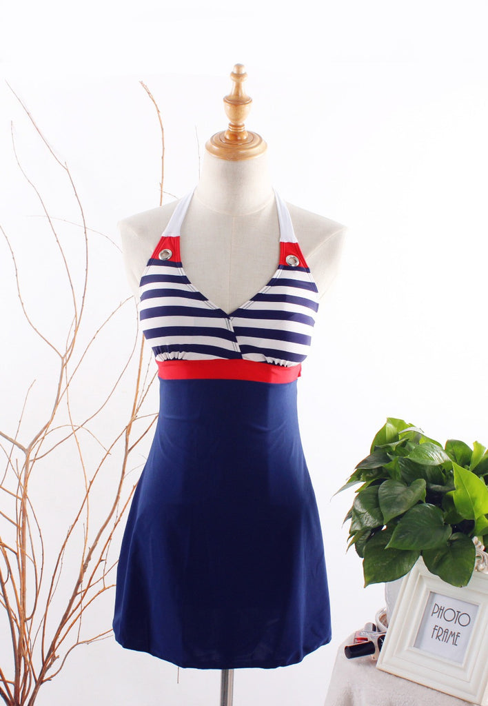Fashion Sexy Stripe Plus Size Padded Navy Blue Halter Skirt Swimwear Women One Piece Swimsuit Beachwear Bathing Suit