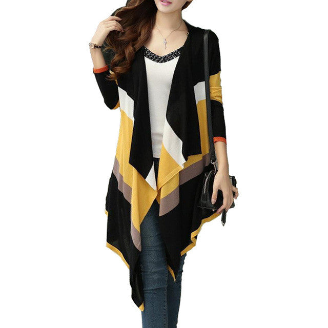 Women Korean Rainbow Colorful Stripes Irregular Knitted Cardigans Casual Autumn Batwing Shawl Outerwear Sweater
