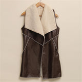 Winter Women Lady Leisure Fashion Warm Faux Fur Collar Vest Long Leather Waistcoat Coat Outerwear Brown