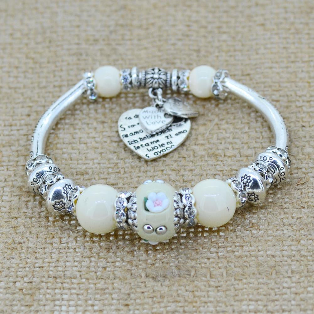 Fashion serling silver jewelry love heart charm bangles & bracelets glass beads strand bracelets for women fine jewelry