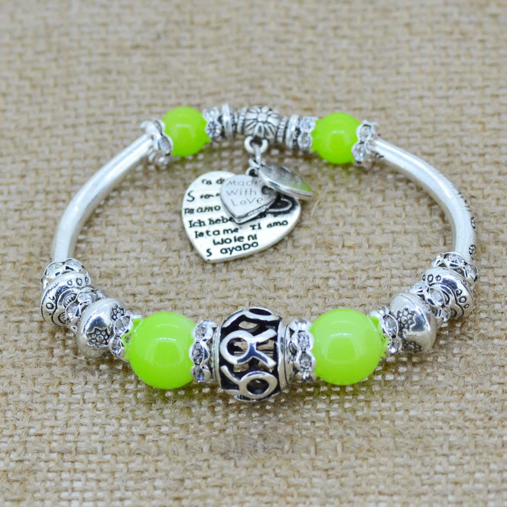 Fashion serling silver jewelry love heart charm bangles & bracelets glass beads strand bracelets for women fine jewelry