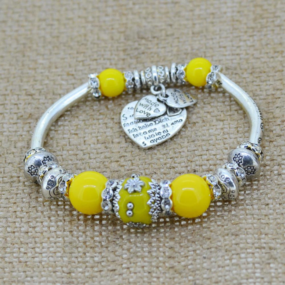 Fashion serling silver jewelry love heart charm bangles & bracelets glass beads strand bracelets for women fine jewelry