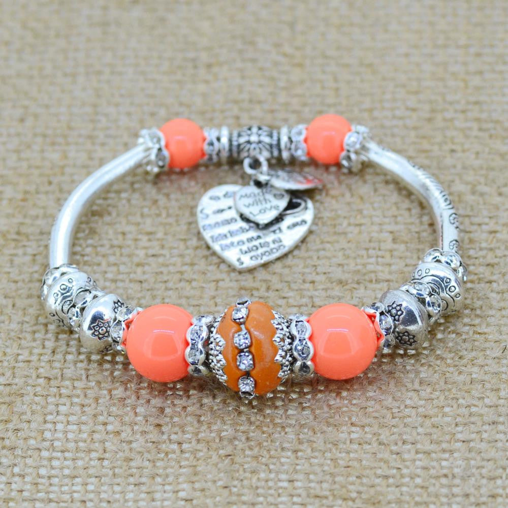 Fashion serling silver jewelry love heart charm bangles & bracelets glass beads strand bracelets for women fine jewelry
