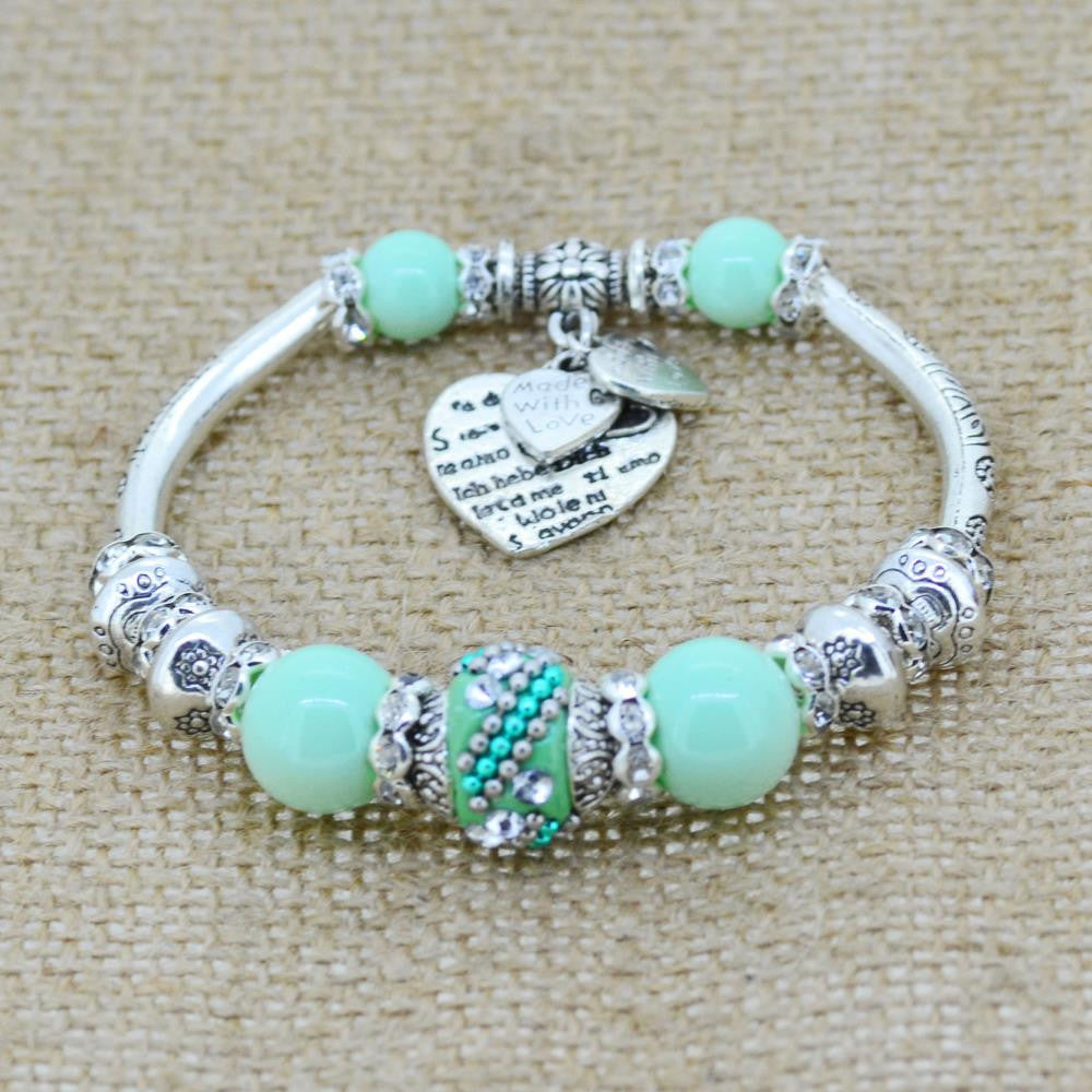 Fashion serling silver jewelry love heart charm bangles & bracelets glass beads strand bracelets for women fine jewelry