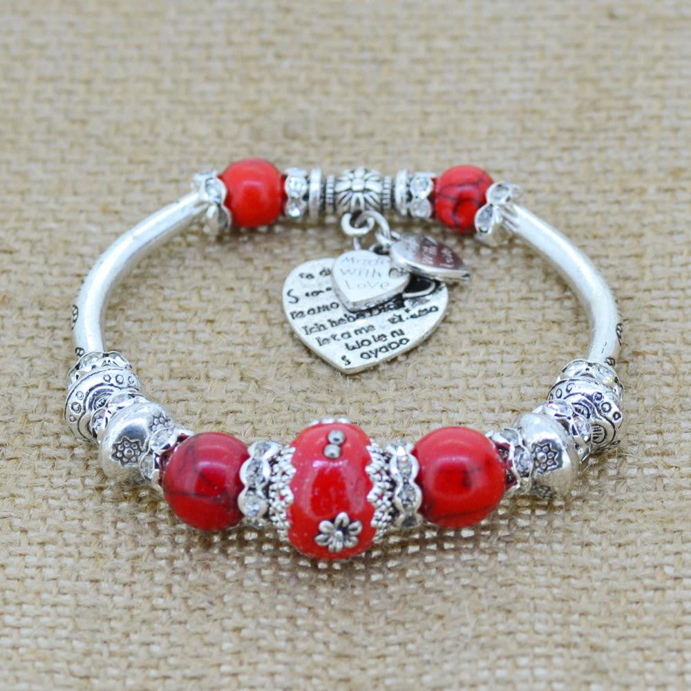 Fashion serling silver jewelry love heart charm bangles & bracelets glass beads strand bracelets for women fine jewelry